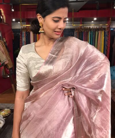 Onion Pink Tissue Silk Saree with Woven Silver Zari Border
