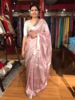 Onion Pink Tissue Silk Saree with Woven Silver Zari Border - Image 3