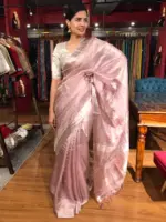 Onion Pink Tissue Silk Saree with Woven Silver Zari Border - Image 2