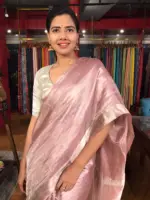 Onion Pink Tissue Silk Saree with Woven Silver Zari Border - Image 5