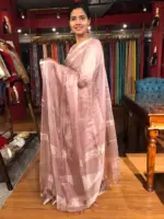 Onion Pink Tissue Silk Saree with Woven Silver Zari Border - Image 4