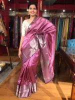 Onion Pink Mangalagiri Silk Saree adorned with Kanchi Silk Border - Image 2