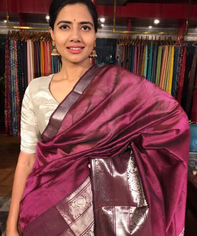 Burgundy Mangalagiri Silk Saree with Woven Kanchi Zari Border