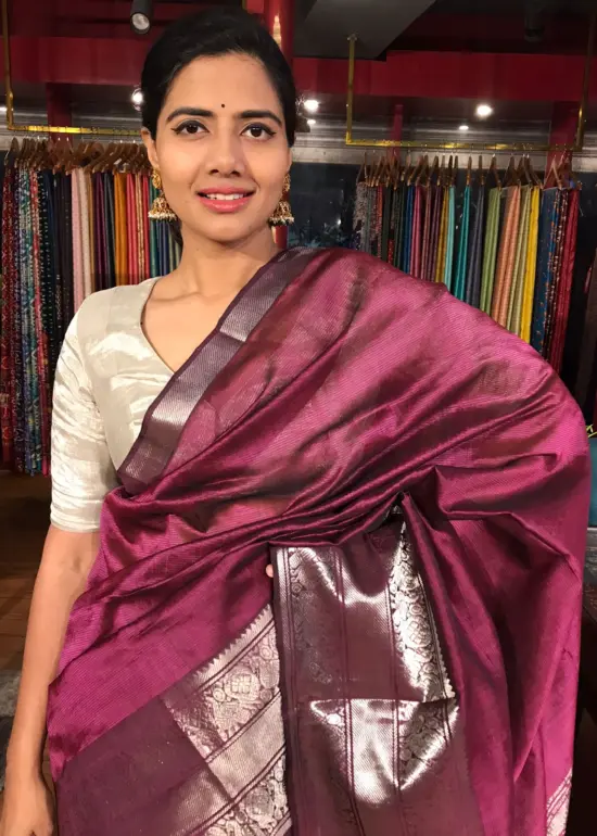 Burgundy Mangalagiri Silk Saree with Woven Kanchi Zari Border