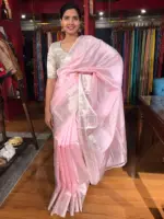 Baby Pink Mangalagiri Silk Saree with Woven Kanchi Silk Border - Image 3