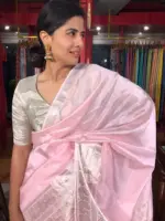 Baby Pink Mangalagiri Silk Saree with Woven Kanchi Silk Border - Image 2