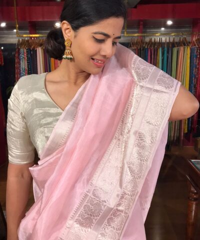 Baby Pink Mangalagiri Silk Saree with Woven Kanchi Silk Border
