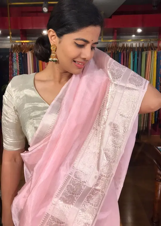 Baby Pink Mangalagiri Silk Saree with Woven Kanchi Silk Border