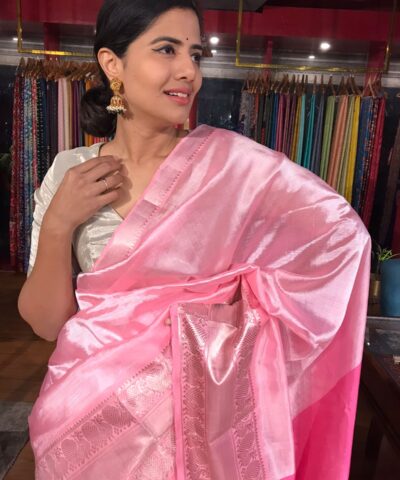 Candy Pink Mangalagiri Silk Saree with Woven Kanchi Silk Border