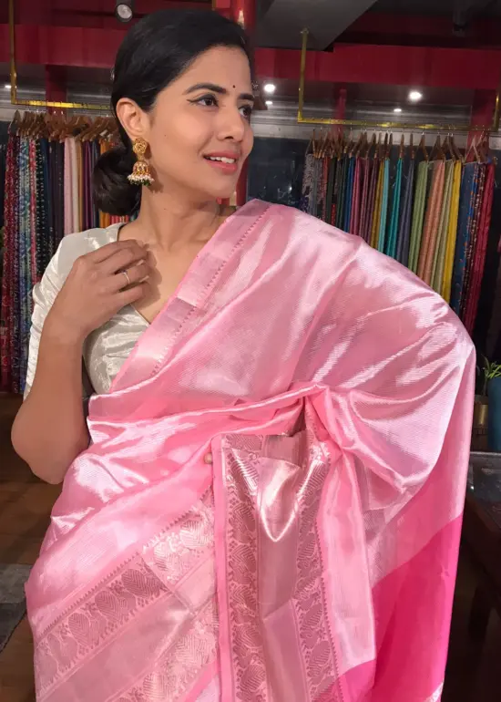 Candy Pink Mangalagiri Silk Saree with Woven Kanchi Silk Border