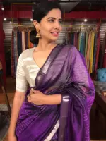 Close up view of a model showcasing Purple Mangalagiri Silk Saree Handwoven in Chequered Pattern, Suitable for Themed Cultural Festivals By Mirra Clothing