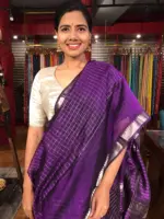 Full view of a model showcasing Purple Mangalagiri Silk Saree Handwoven in Chequered Pattern, Suitable for Family Gatherings By Mirra Clothing