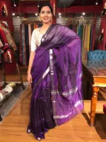 Full view of a model showcasing Purple Mangalagiri Silk Saree Handwoven in Chequered Pattern, Suitable for Engagement Ceremonies By Mirra Clothing