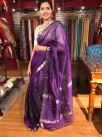 Full view of a model showcasing Purple Mangalagiri Silk Saree Handwoven in Chequered Pattern, Suitable for Office Ethnic Day By Mirra Clothing