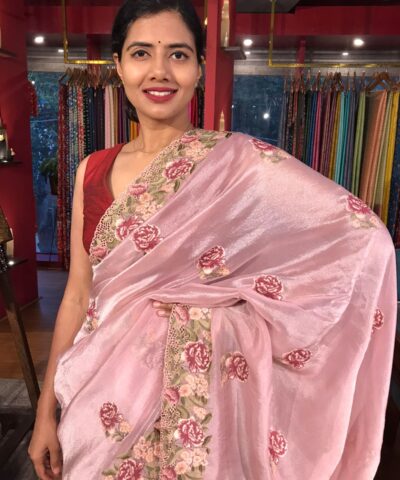 Pink Tissue Silk Saree adorned with Cutwork Embroidery