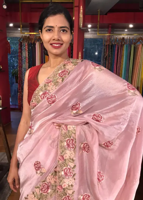 Pink Tissue Silk Saree adorned with Cutwork Embroidery