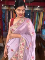 Lilac Silver Tissue Silk Saree with Cutwork Embroidery - Image 2