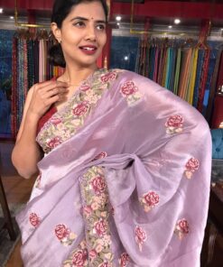 Lilac Silver Tissue Silk Saree with Cutwork Embroidery