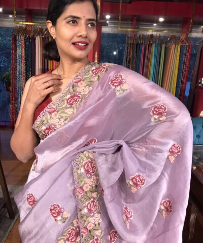 Lilac Silver Tissue Silk Saree with Cutwork Embroidery