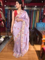 Lilac Silver Tissue Silk Saree with Cutwork Embroidery - Image 3