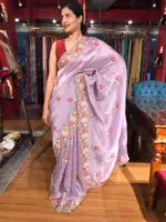 Lilac Silver Tissue Silk Saree with Cutwork Embroidery - Image 5