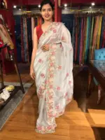 Silver Grey Tissue Silk Saree adorned with Cutwork Embroidery - Image 3