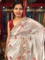 Silver Grey Tissue Silk Saree adorned with Cutwork Embroidery
