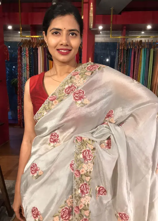 Silver Grey Tissue Silk Saree adorned with Cutwork Embroidery