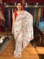 Silver Grey Tissue Silk Saree adorned with Cutwork Embroidery - Image 2