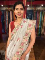Silver Grey Tissue Silk Saree adorned with Cutwork Embroidery - Image 6
