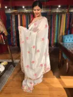 Silver Grey Tissue Silk Saree adorned with Cutwork Embroidery - Image 5
