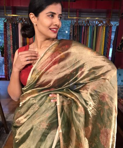 Bottle Green Printed Tissue Silk Saree