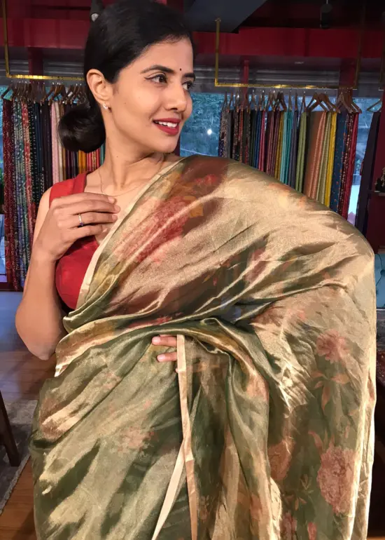 Bottle Green Printed Tissue Silk Saree
