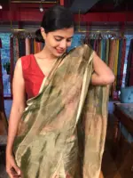 Bottle Green Printed Tissue Silk Saree - Image 4