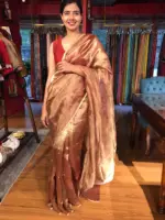 Maroon Tissue Silk Saree with Floral Prints - Image 3
