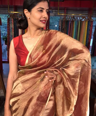 Maroon Tissue Silk Saree with Floral Prints