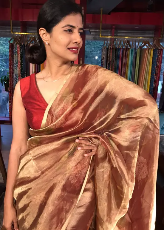 Maroon Tissue Silk Saree with Floral Prints