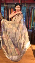 Blue Printed Pure Tissue Silk Saree - Image 7