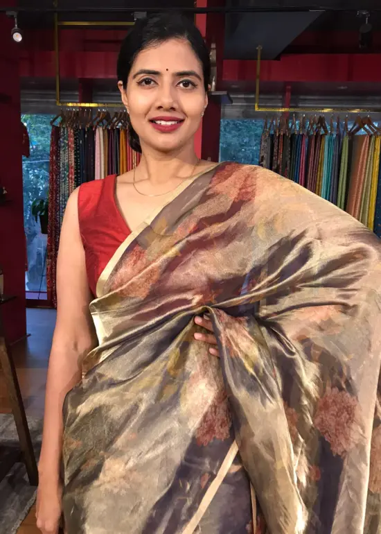 Blue Printed Pure Tissue Silk Saree