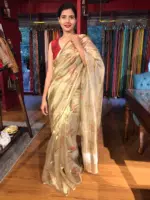 Gold Printed Tissue Silk Saree highlighted with Gold Piping - Image 3