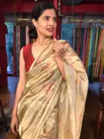 Gold Printed Tissue Silk Saree highlighted with Gold Piping - Image 2