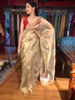 Gold Printed Tissue Silk Saree highlighted with Gold Piping - Image 4