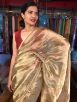 Gold Printed Tissue Silk Saree highlighted with Gold Piping