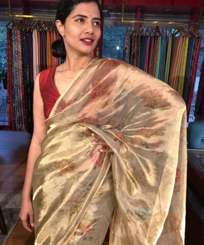 Gold Printed Tissue Silk Saree highlighted with Gold Piping