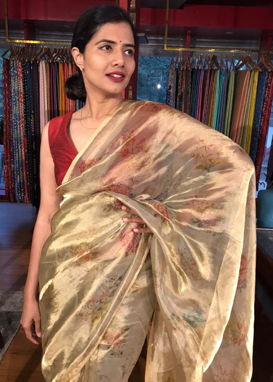 Gold Printed Tissue Silk Saree highlighted with Gold Piping