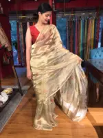 Gold Printed Tissue Silk Saree highlighted with Gold Piping - Image 7