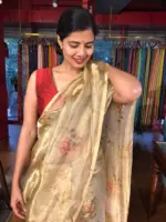 Gold Printed Tissue Silk Saree highlighted with Gold Piping - Image 6