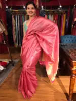 Pink Handwoven Tussar Silk Saree with Tissue Silk Zari Weaves - Image 2