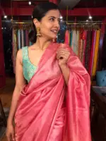 Pink Handwoven Tussar Silk Saree with Tissue Silk Zari Weaves - Image 3