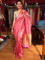 Pink Handwoven Tussar Silk Saree with Tissue Silk Zari Weaves - Image 4